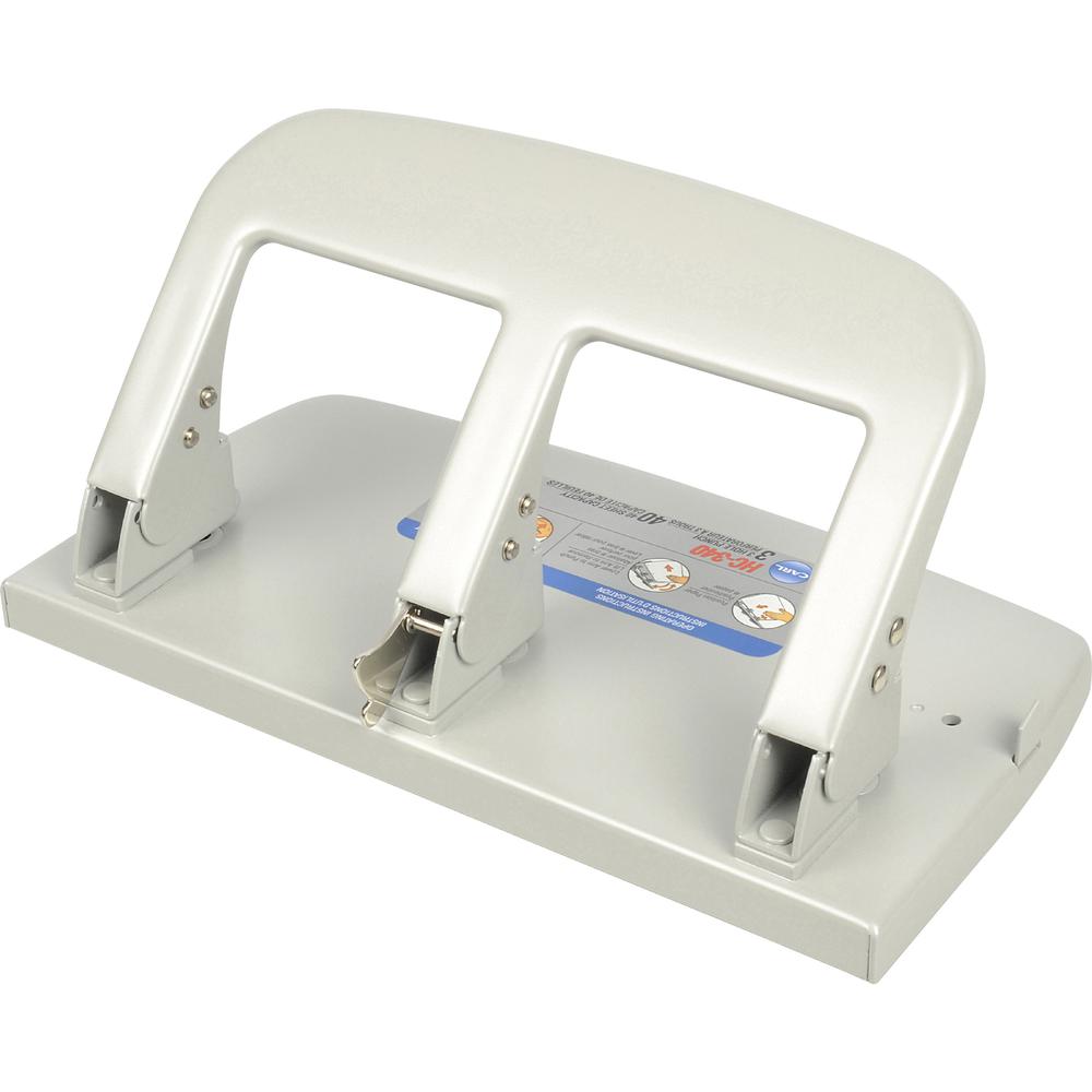 CARL Heavy-duty 3-Hole Punch with Tray - 3 Punch Head(s) - 40 Sheet of 20lb Paper - 9/32" Punch Size - Silver. Picture 1