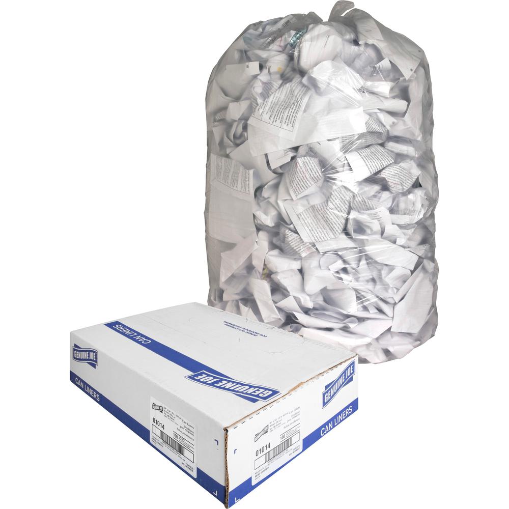 Genuine Joe Clear Trash Can Liners - Extra Large Size - 60 gal Capacity - 58" Length x 38" Width x 0.80 mil (20 Micron) Thickness - Low Density - Clear - Film - Multipurpose - 100 / Carton. Picture 1