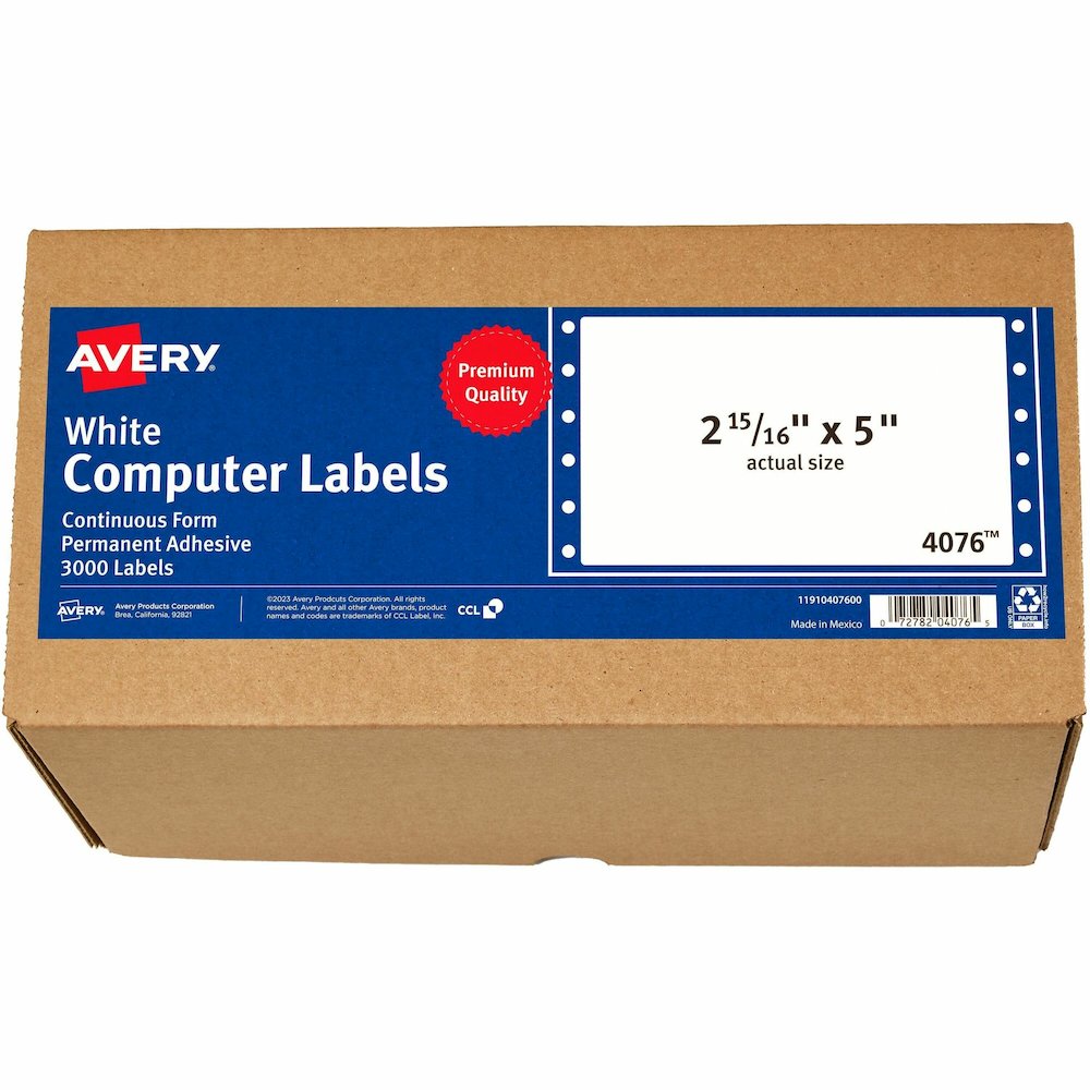 Avery&reg; Address Label - 5" Width x 2 15/16" Length - Permanent Adhesive - Dot Matrix - White - 1 / Sheet - 3000 Total Label(s) - 3000 / Box. Picture 1