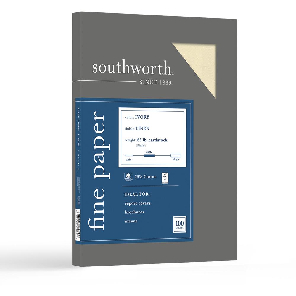 Southworth 25% Cotton Linen Business Cover Stock - Letter - 8 1/2" x 11" - 65 lb Basis Weight - Linen, Textured - 100 / Box - Acid-free, Lignin-free - Ivory. Picture 1