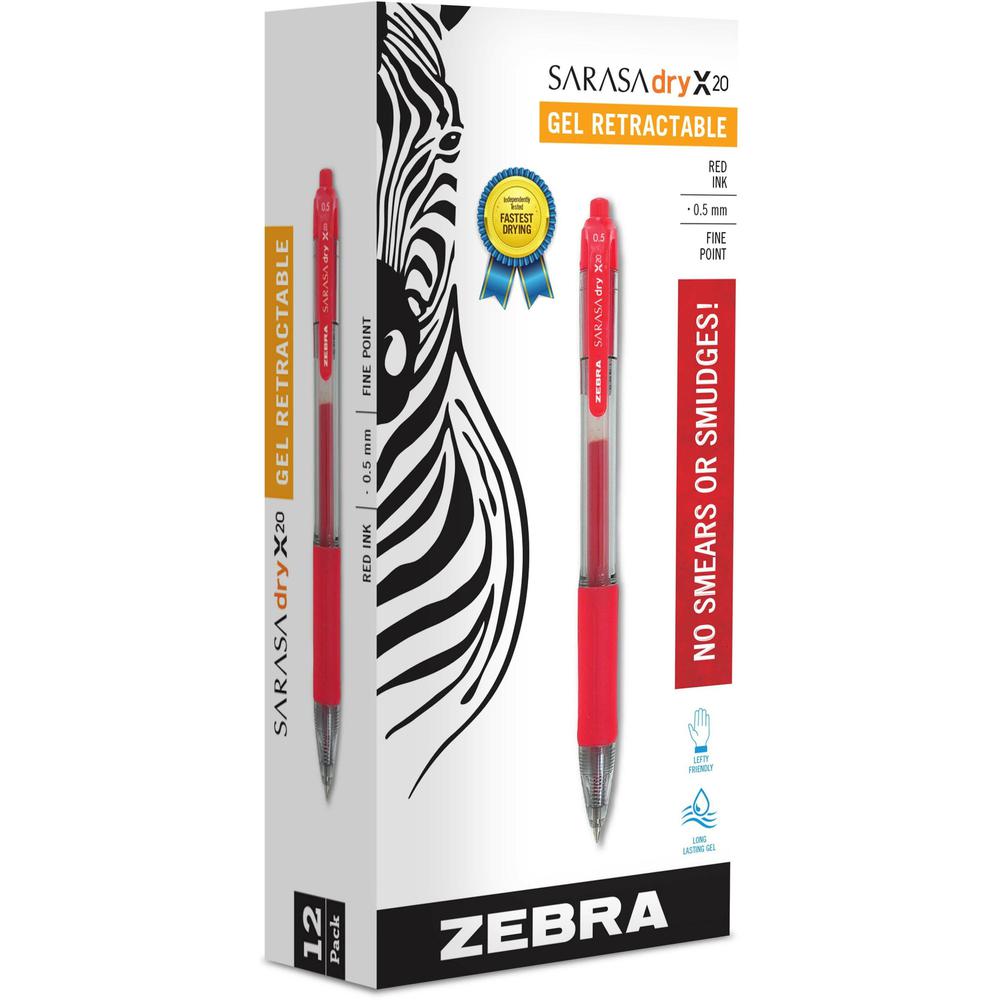 Zebra SARASA dry X20 Retractable Gel Pen - Retractable - Red Ink - Gel-based - Transparent, Red Barrel - 1 Dozen. Picture 1