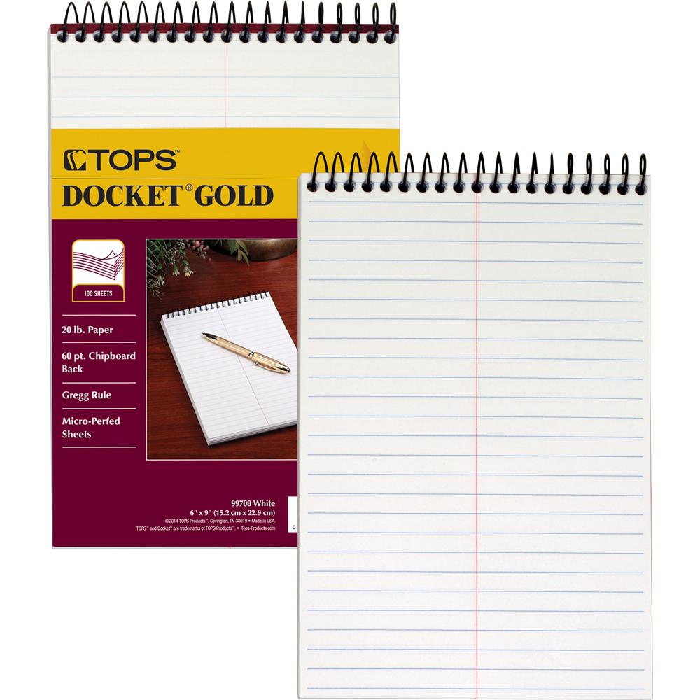 TOPS Docket Gold Spiral Steno Book - 100 Sheets - Coilock - 20 lb Basis Weight - 6" x 9" - 9" x 6" - White Paper - Frosty ClearPoly Cover - Perforated, Acid-free, Heavyweight, Unpunched - 1 Each. Picture 1