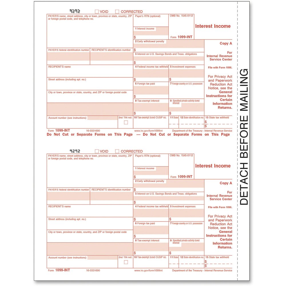 TOPS IRS Approved 4-part 1099-INT KIT Tax Forms - 5 Part - Carbonless Copy - 5.50" x 3.67" Form Size - 9" x 11" Sheet Size - White Sheet(s) - Red Print Color - 24 / Pack. Picture 1