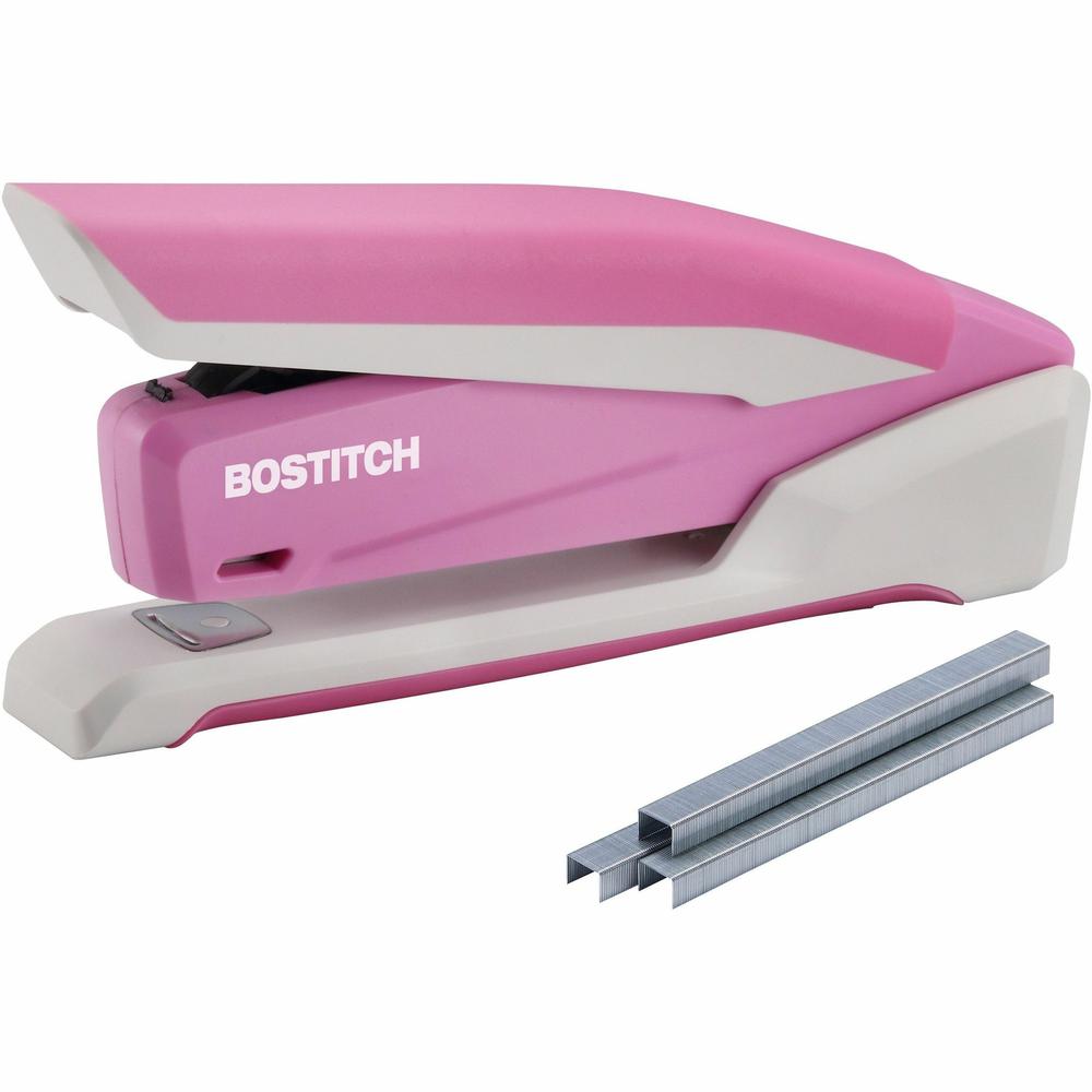 Bostitch InCourage Spring-Powered Antimicrobial Desktop Stapler - 20 of 20lb Paper Sheets Capacity - 210 Staple Capacity - Full Strip - 1 Each - Pink, White. Picture 1