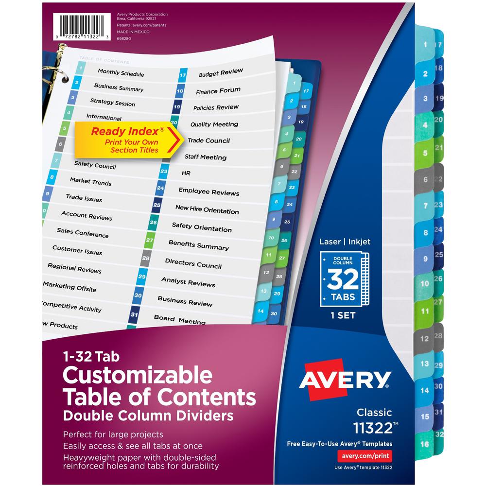 Avery&reg; Two-Column Table Contents Dividers w/Tabs - 32 x Divider(s) - 1-32 - 32 Tab(s)/Set - 8.5" Divider Width x 11" Divider Length - 3 Hole Punched - White Paper Divider - Multicolor Paper Tab(s). Picture 1