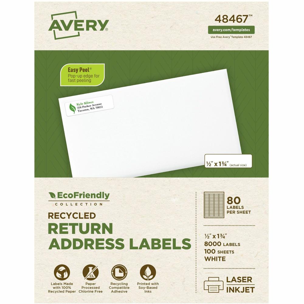 Avery(R) EcoFriendly Recycled Return Address Labels, 1/2" x 1-3/4" , White, Permanent Label Adhesive, 8,000 Printable Labels (48467) - 1/2" Width x 1 3/4" Length - Permanent Adhesive - Rectangle - Las. Picture 1