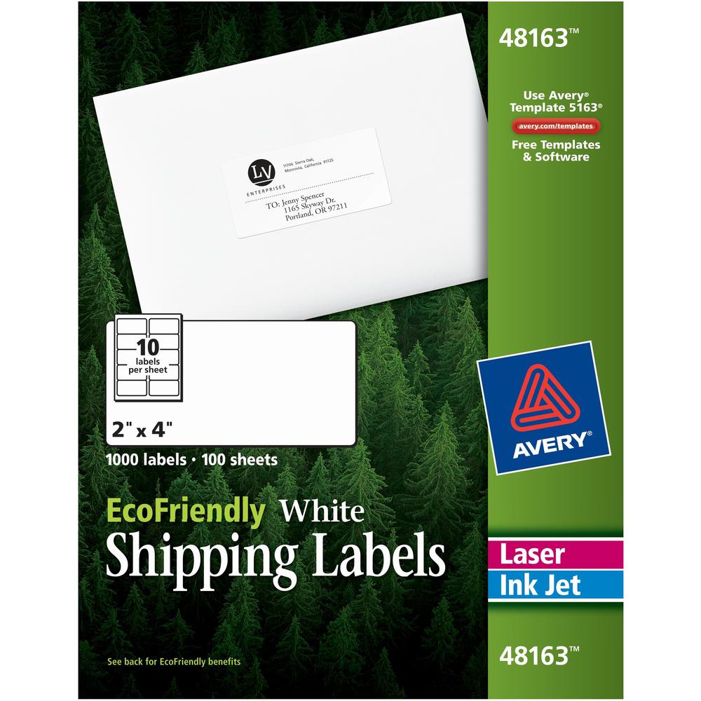 Avery&reg; EcoFriendly Shipping Label - 2" Width x 4" Length - Permanent Adhesive - Rectangle - Laser, Inkjet - White - Paper - 10 / Sheet - 100 Total Sheets - 1000 Total Label(s) - 1000 / Box - Recyc. Picture 1
