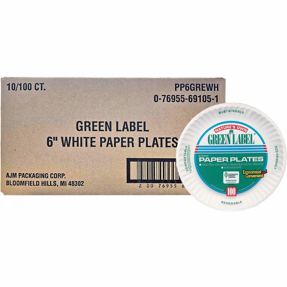 Green Label 6" Green Label Economy Paper Plates - Microwave Safe - 6" Diameter - White - Paper Body - 100/Bag - 10 / Carton. Picture 1