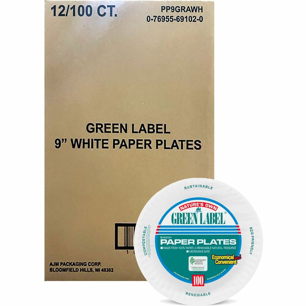 Green Label 9" Green Label Economy Paper Plates - Microwave Safe - 9" Diameter - White - Paper Body - 100/Bag - 12 / Carton. Picture 1