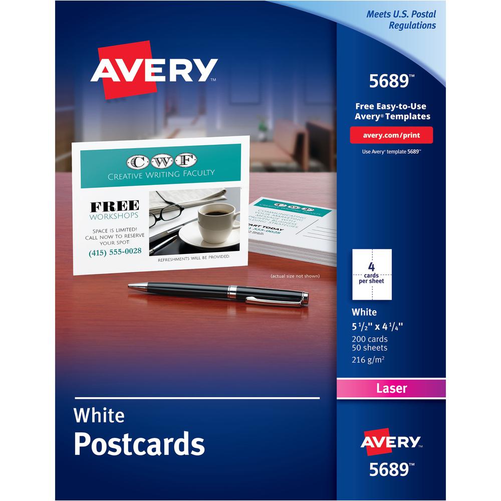 Avery&reg; Postcards - 97 Brightness - 5 1/2" x 4 1/4" - Matte - 200 / Box - Perforated, Heavyweight, Rounded Corner, Jam-free, Smudge-free, Double-sided, Uncoated, Recyclable, Biodegradable - White. Picture 1