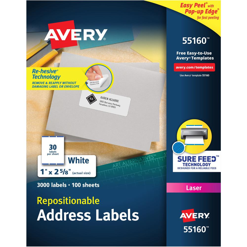 Avery&reg; Repositionable Address Labels - 1" Width x 2 5/8" Length - Rectangle - Laser, Inkjet - White - Paper - 30 / Sheet - 100 Total Sheets - 3000 Total Label(s) - 5. Picture 1