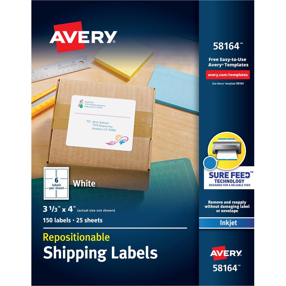 Avery&reg; Repositionable Labels, Sure Feed, 3-1/3"x4" , 150 Labels (58164) - 3 21/64" Width x 4" Length - Permanent Adhesive - Rectangle - Inkjet - White - Paper - 6 / Sheet - 25 Total Sheets - 150 T. Picture 1