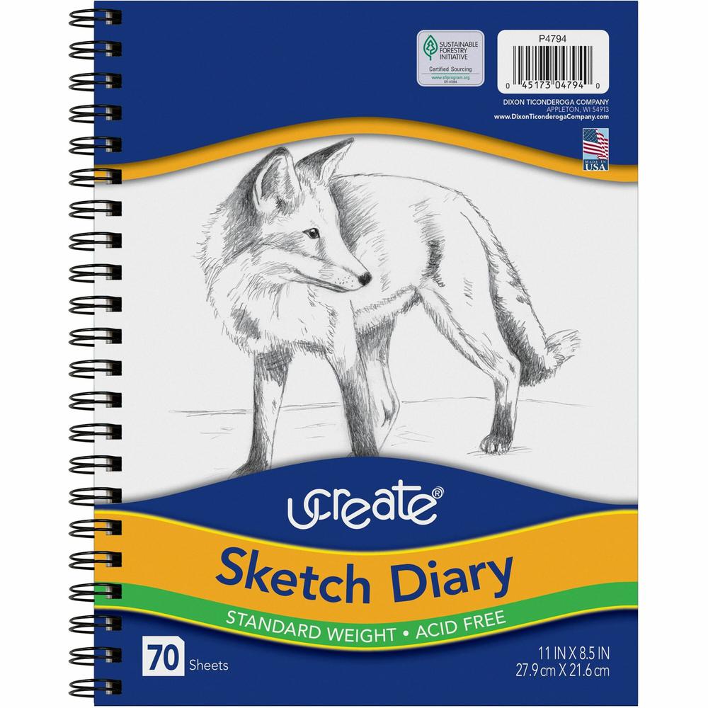 UCreate Art1st Sketch Diary - Letter - 70 Sheets - Plain - Spiral - Letter - 8 1/2" x 11" - White Paper - Acid-free - Recycled - 1 / Pad. Picture 1
