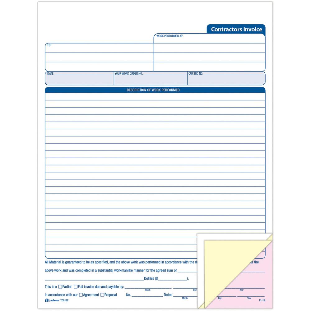Adams Contractor's Invoice Book - 50 Sheet(s) - 3 PartCarbonless Copy - 8.37" x 11" Sheet Size - White - 1 Each. Picture 1