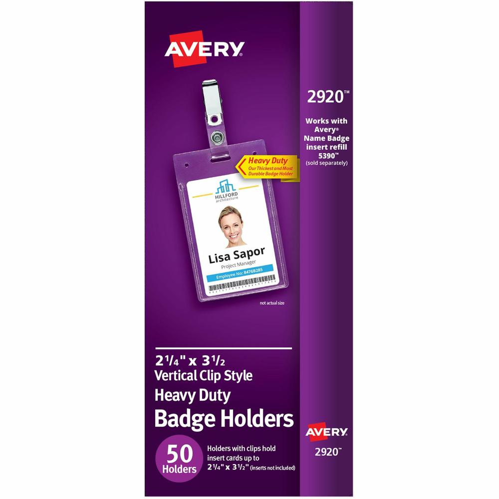 Avery&reg; Heavy-Duty Secure Top Clip-Style Badge Holders - Support 2.25" x 3.50" Media - Portrait - 2.3" x 3.3" - Plastic - 50 / Box - Clear. Picture 1
