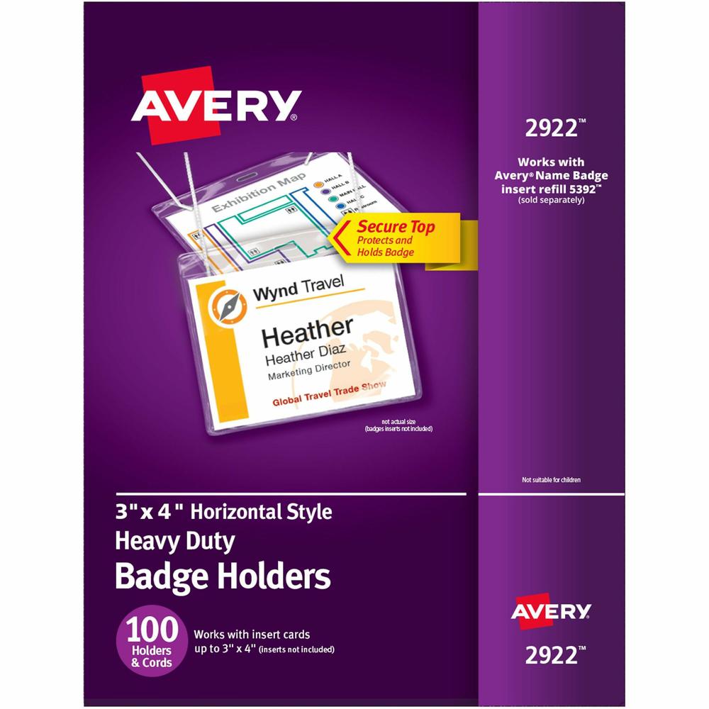 Avery&reg; Heavy-Duty Clear Hanging Style Badge Holders - Support 3" x 4" Media - Horizontal - Plastic - 100 / Box - Clear. Picture 1