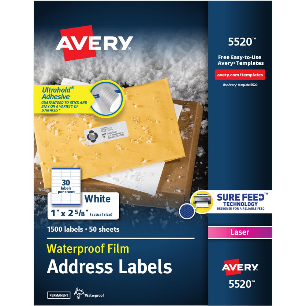 Avery&reg; 1" x 2-5/8" Labels, Ultrahold, 1,500 Labels (5520) - Waterproof - 1" Width x 2 5/8" Length - Permanent Adhesive - Rectangle - Laser - White - Film - 30 / Sheet - 50 Total Sheets - 1500 Tota. Picture 1