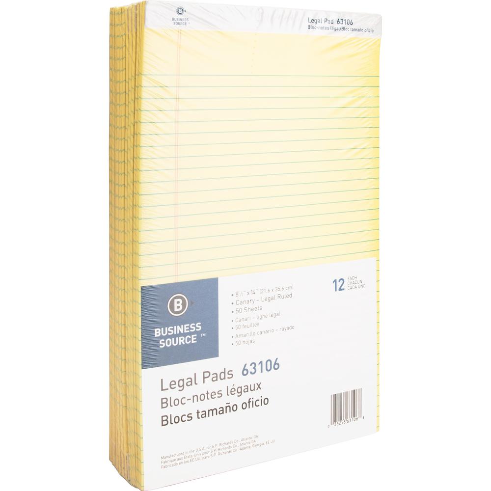 Business Source Legal Pads - 50 Sheets - 0.34" Ruled - 16 lb Basis Weight - Legal - 8 1/2" x 14" - Canary Paper - Micro Perforated, Easy Tear, Sturdy Back - 1 Dozen. Picture 1