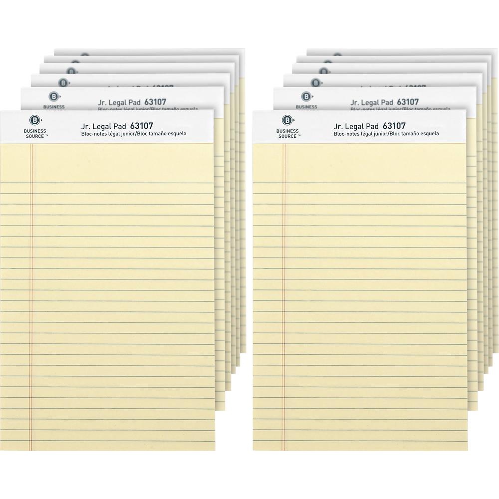 Business Source Writing Pads - 50 Sheets - 0.28" Ruled - 16 lb Basis Weight - Jr.Legal - 8" x 5" Sheet Size - Canary Paper - Micro Perforated, Easy Tear, Sturdy Back - 1 Dozen. Picture 1