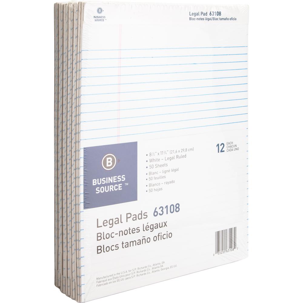 Business Source Micro-Perforated Legal Ruled Pads - 50 Sheets - 0.34" Ruled - 16 lb Basis Weight - 8 1/2" x 11 3/4" Sheet Size - White Paper - Micro Perforated, Easy Tear, Sturdy Back - No - 1 Dozen. Picture 1