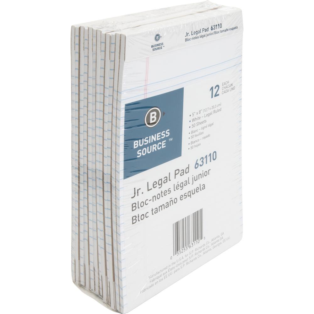 Business Source Writing Pads - 50 Sheets - 0.28" Ruled - 16 lb Basis Weight - Jr.Legal - 8" x 5" Sheet Size - White Paper - Micro Perforated, Easy Tear, Sturdy Back - 1 Dozen. Picture 1