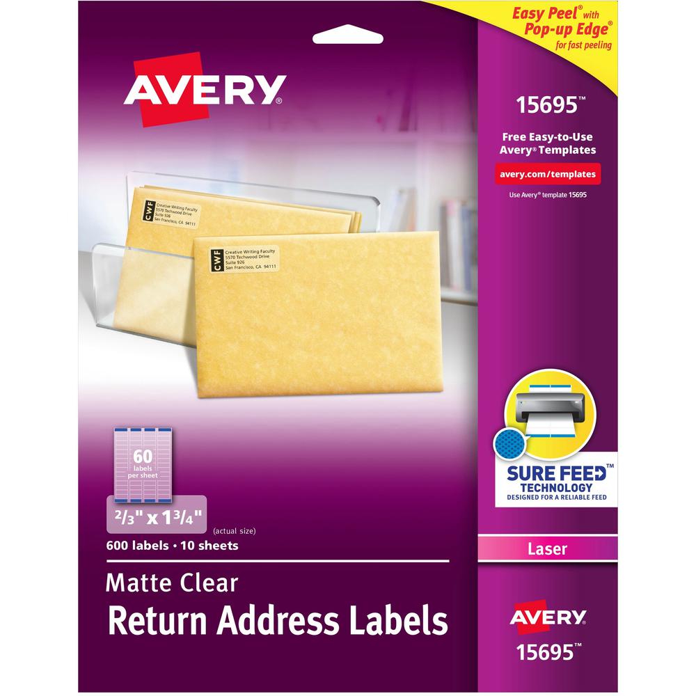 Avery&reg; Easy Peel Return Address Labels - 2/3" Width x 1 3/4" Length - Permanent Adhesive - Rectangle - Laser - Clear - Film - 60 / Sheet - 10 Total Sheets - 600 Total Label(s) - 600 / Pack. Picture 1