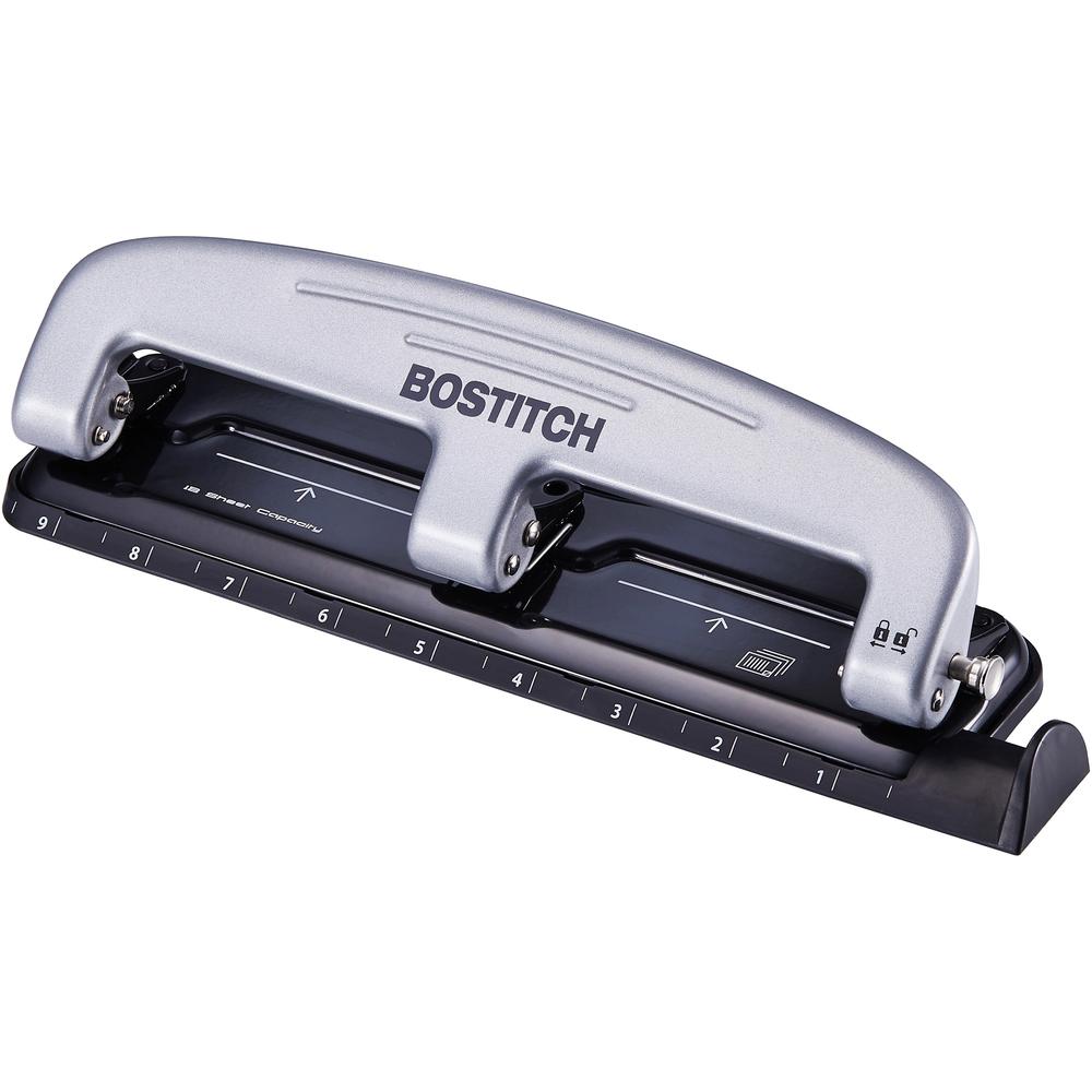 Bostitch EZ Squeeze&trade; 12 Three-Hole Punch - 3 Punch Head(s) - 12 Sheet - 9/32" Punch Size - 3" Width x 1.6" Height - Black, Silver. Picture 1