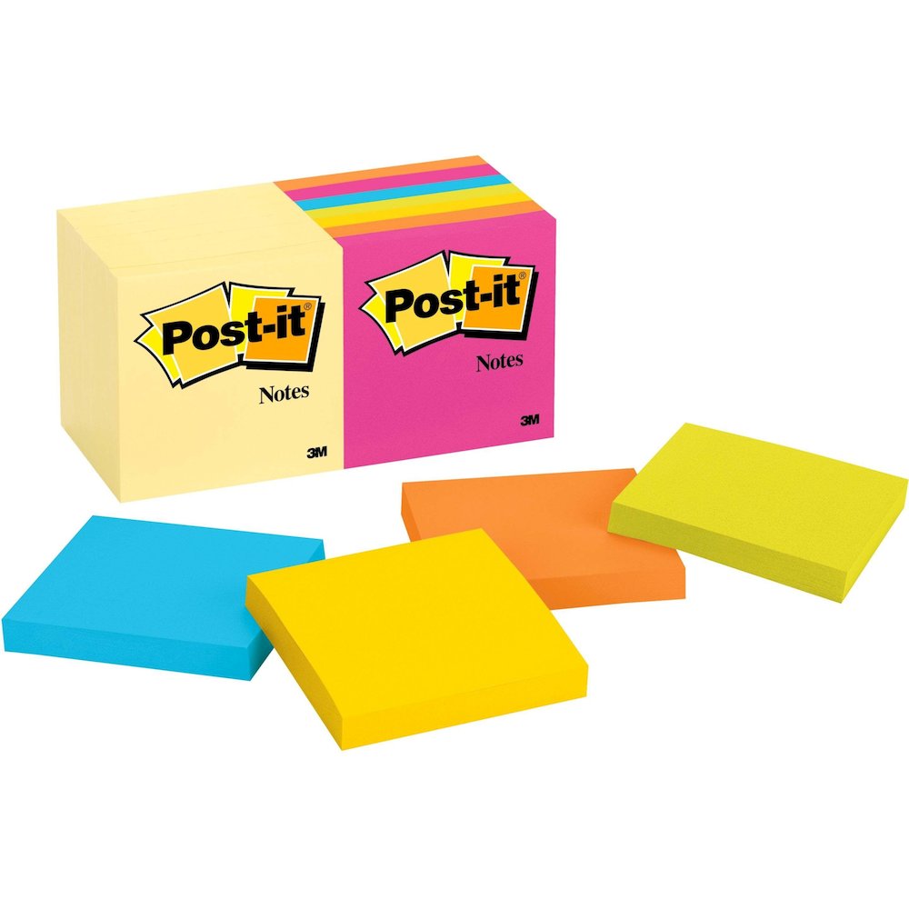 Post-it&reg; Notes Original Notepads - Canary Yellow and Poptimistic Color Collection - 1400 - 3" Flag/Note Width x 3" Flag/Note Length - Square - 100 Sheets per Pad - Unruled - Poppy, Neon Orange, Aq. Picture 1