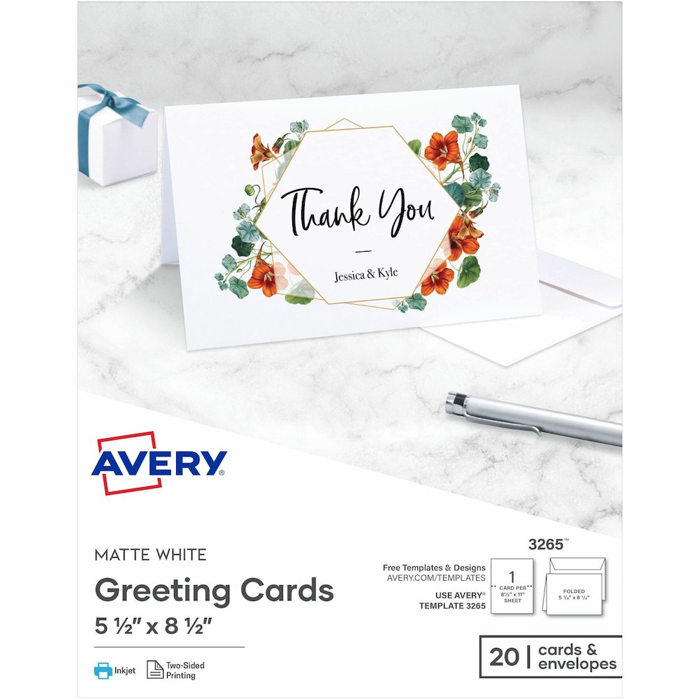 Avery&reg; Half-Fold Greeting Cards, Matte, 5-1/2" x 8-1/2" , 20 Cards/Envelopes (3265) - 97 Brightness - 5 1/2" x 8 1/2" - 80 lb Basis Weight - 216 g/m² Grammage - Matte - Heavyweight, Smooth Ed. Picture 1
