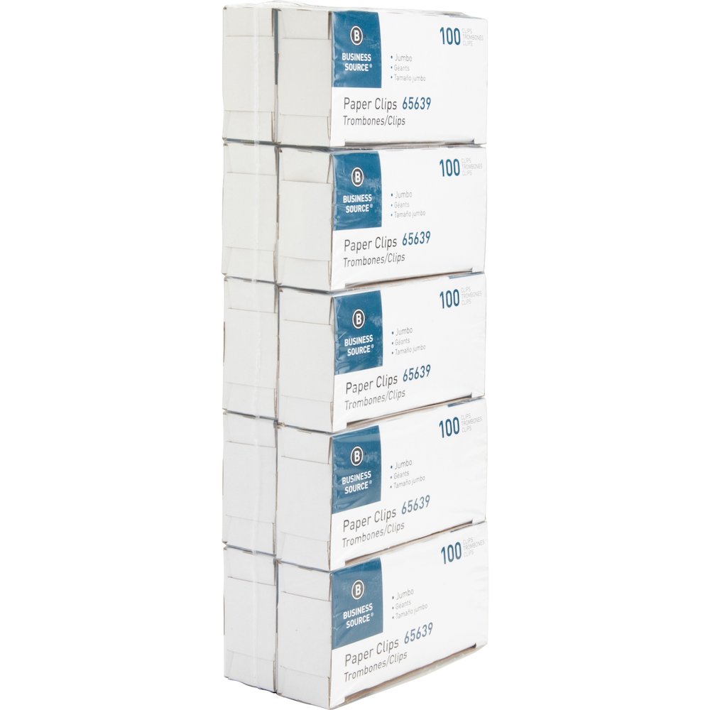 Business Source Paper Clips - Jumbo - Silver - Steel - 100/Box - 10 / Pack. Picture 1