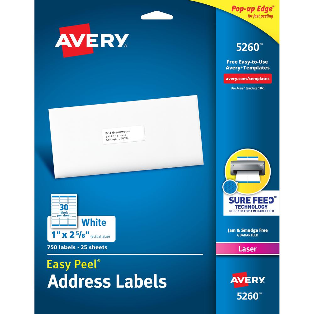 Avery&reg; Easy Peel Address Labels - 1" Width x 2 5/8" Length - Permanent Adhesive - Rectangle - Laser - Matte - White - Paper - 30 / Sheet - 25 Total Sheets - 750 Total Label(s) - 750 / Pack. Picture 1