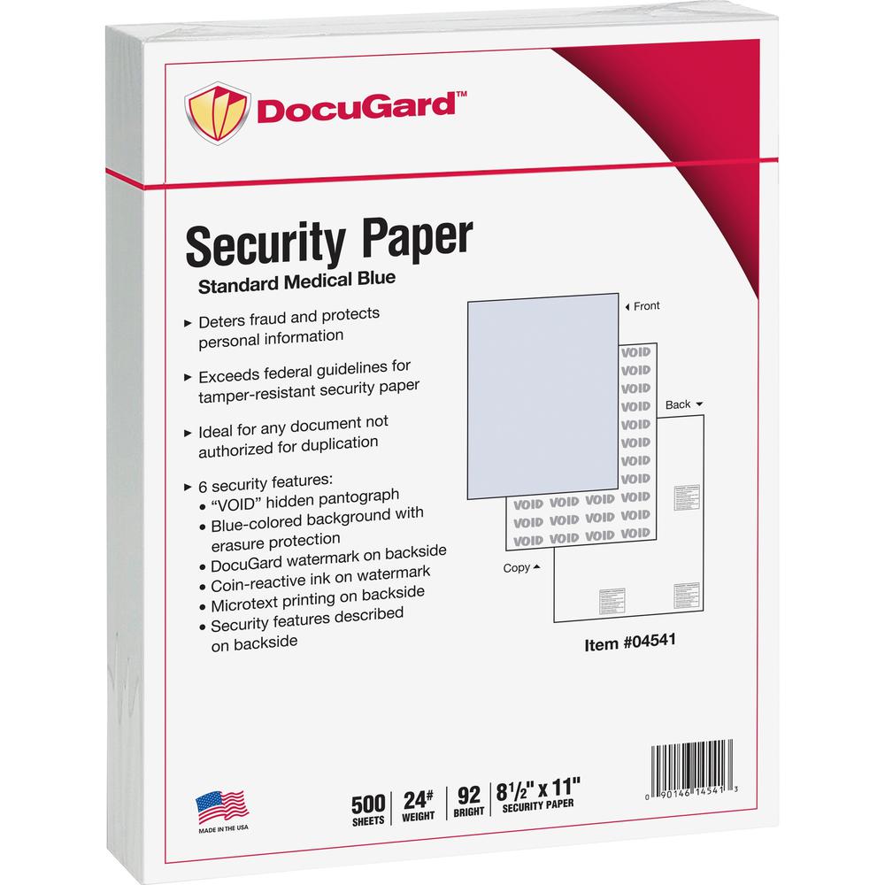 DocuGard Standard Medical Security Paper - Letter - 8 1/2" x 11" - 24 lb Basis Weight - 500 / Ream - Tamper Resistant, CMS Approved - Blue. Picture 1