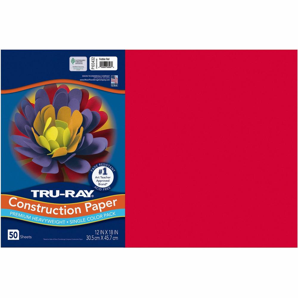 Tru-Ray Construction Paper - Bulletin Board - 12"Width x 18"Length - 50 / Pack - Festive Red - Sulphite, Fiber. Picture 1