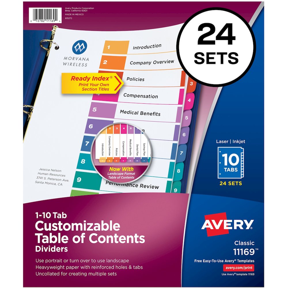 Avery&reg; Ready Index(R) 10 Tab Binder Dividers, Customizable Table of Contents, Multicolor Tabs, 24 Sets (11169) - 240 x Divider(s) - 1-10 - 10 Tab(s)/Set - 8.5" Divider Width x 11" Divider Length -. Picture 1