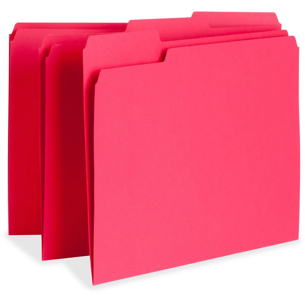 Business Source 1/3 Tab Cut Letter Recycled Top Tab File Folder - 8 1/2" x 11" - Top Tab Location - Assorted Tab Position - 11 pt. - 1 Plys - Red - 10% Recycled - 100 / Box. Picture 1
