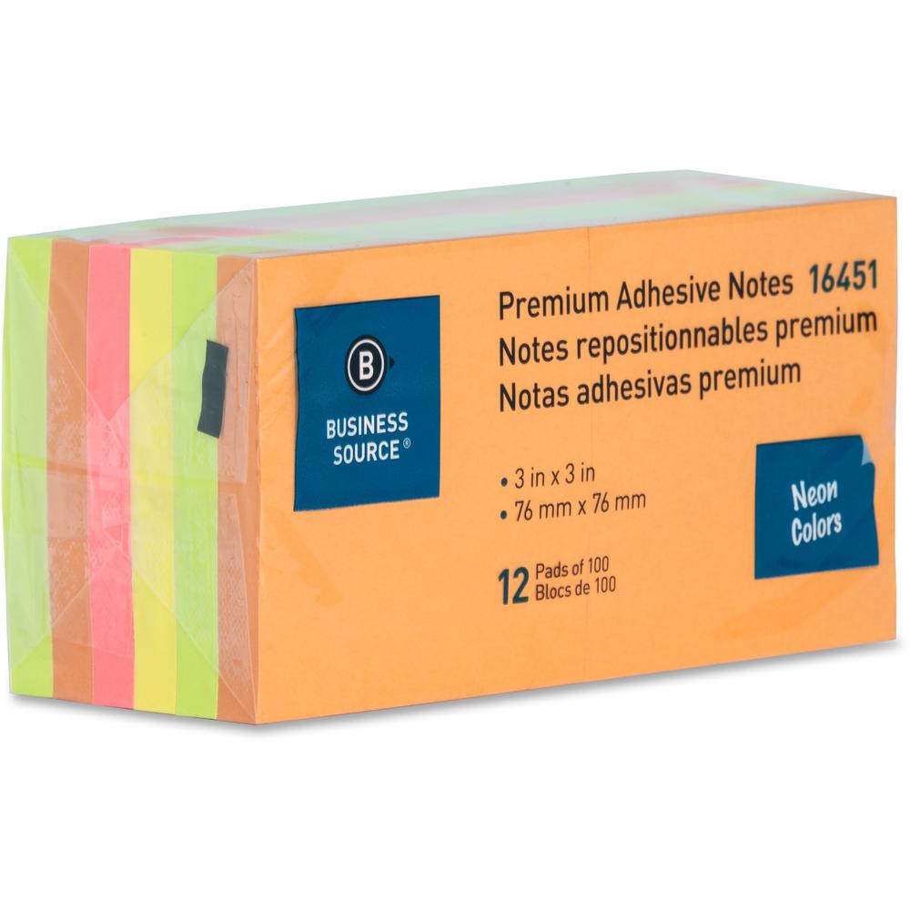Business Source Repositionable Neon Notes - 3" Flag/Note Width x 3" Flag/Note Length - Square - Neon - Removable, Repositionable, Solvent-free Adhesive - 1 Pack. Picture 1