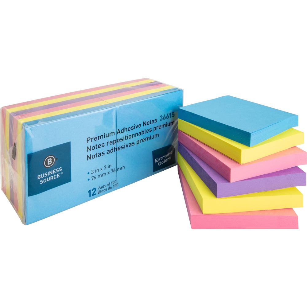 Business Source 3x3 Extreme Colors Adhesive Notes - 100 - 3" Flag/Note Width x 3" Flag/Note Length - Square - Assorted - Repositionable, Solvent-free Adhesive - 12 / Pack. Picture 1