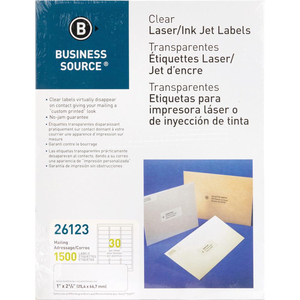 Business Source Mailing Address Labels - 1" Width x 2 3/4" Length - Permanent Adhesive - Rectangle - Laser - Clear - 30 / Sheet - 1500 / Pack. Picture 1