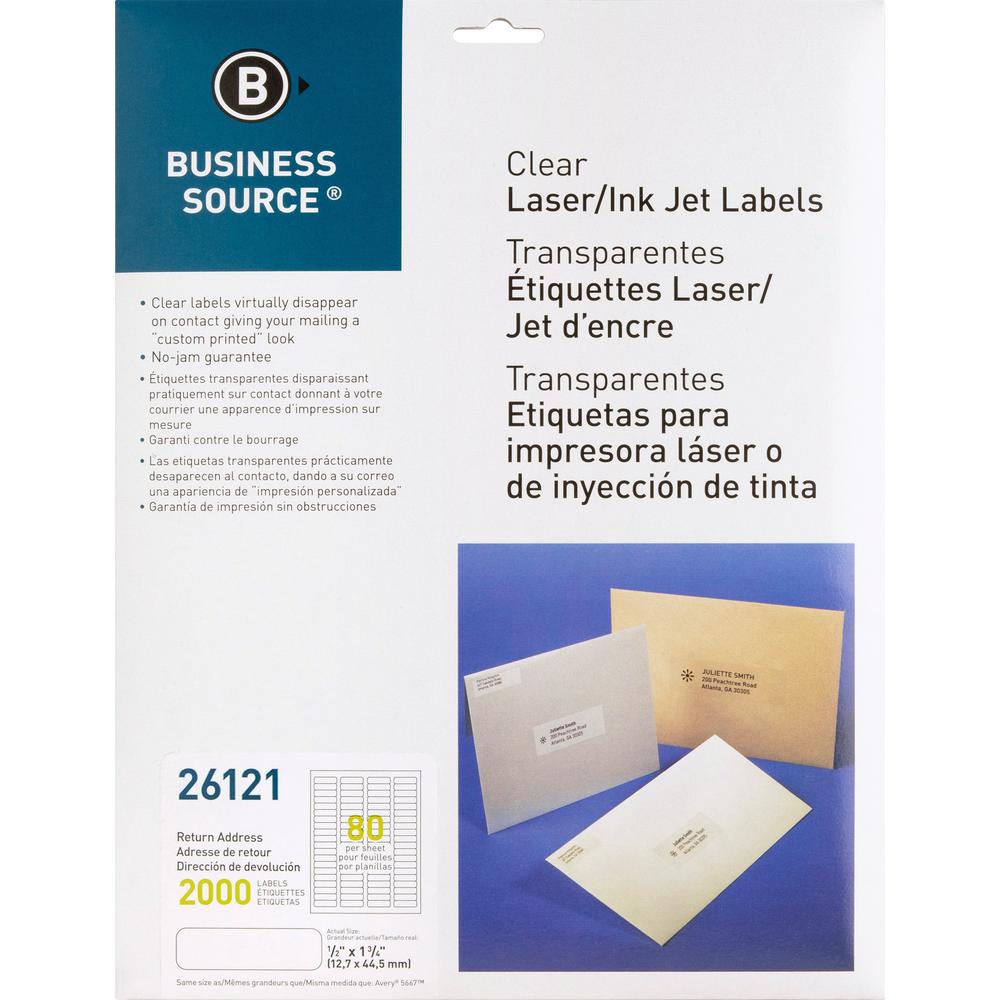 Business Source Clear Return Address Laser Labels - 1/2" Height x 1 3/4" Width - Permanent Adhesive - Rectangle - Laser - Clear - 80 / Sheet - 2000 / Pack. Picture 1