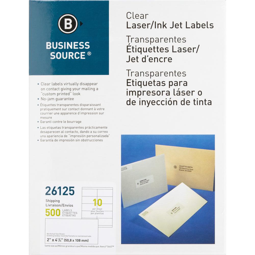 Business Source Clear Shipping Labels - 2" Width x 4 1/4" Length - Permanent Adhesive - Rectangle - Laser - Clear - 10 / Sheet - 500 / Pack. Picture 1