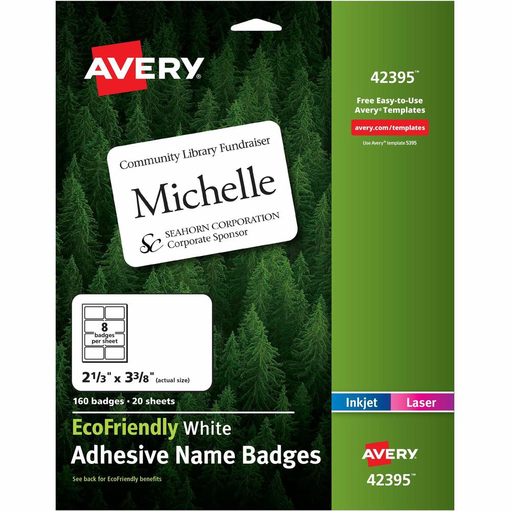 Avery&reg; Eco-friendly Premium Name Badge Labels - 2 21/64" Width x 3 3/8" Length - Removable Adhesive - Rectangle - Laser, Inkjet - White - Paper - 8 / Sheet - 20 Total Sheets - 160 Total Label(s) -. Picture 1