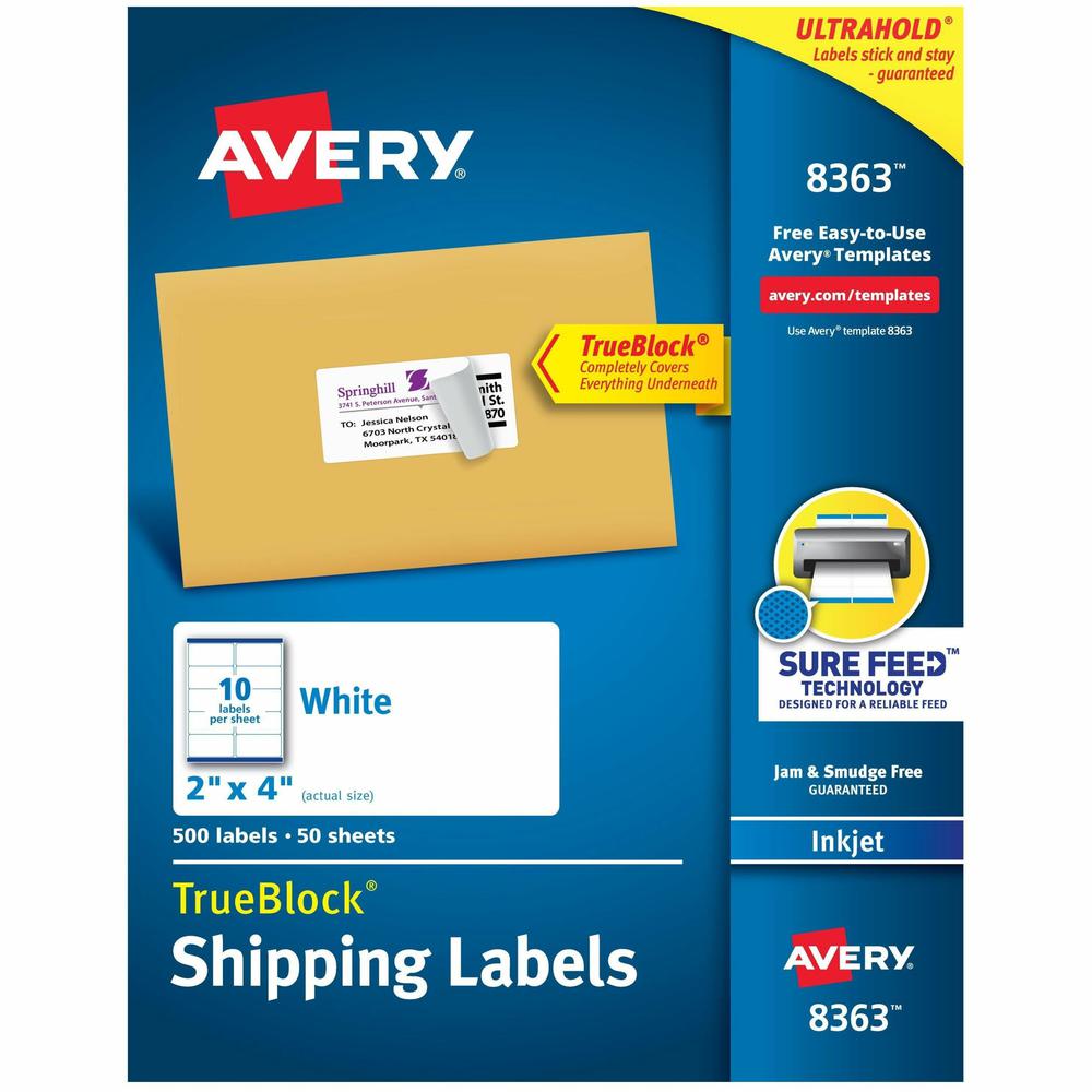 Avery&reg; Shipping Labels, Sure Feed&reg;, 2" x 4" , 500 Labels (8363) - 8 1/2" Width x 11" Length - Permanent Adhesive - Rectangle - Inkjet - White - Paper - 10 / Sheet - 50 Total Sheets - 500 Total. Picture 1