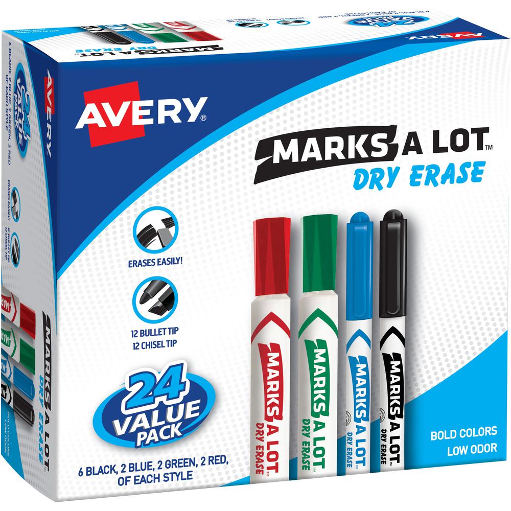 Avery&reg; Desk & Pen-Style Dry Erase Markers - Chisel Marker Point Style - Black, Blue, Green, Red - Assorted Barrel - 24 / Box. Picture 1