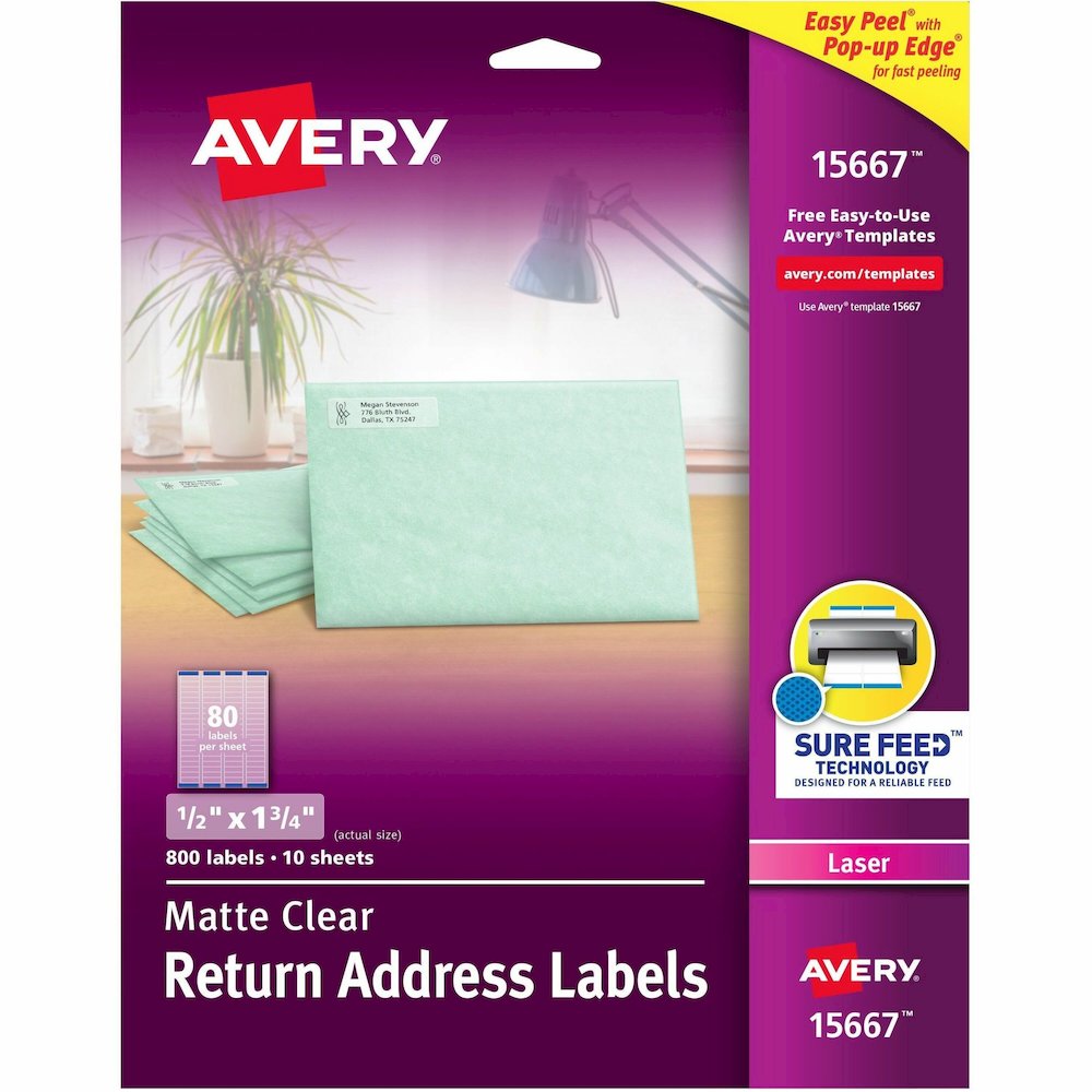 Avery&reg; Easy Peel Return Address Labels - 1/2" Width x 1 3/4" Length - Permanent Adhesive - Rectangle - Laser - Matte - Clear - Film - 80 / Sheet - 10 Total Sheets - 800 Total Label(s) - 800 / Pack. Picture 1