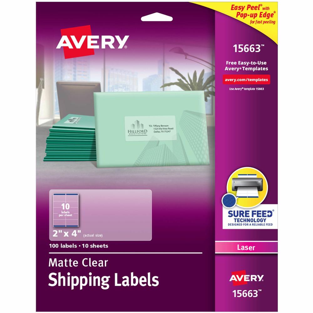 Avery&reg; Clear Shipping Labels, Sure Feed, 2" x 4" , 100 Labels (15663) - 2" Width x 4" Length - Permanent Adhesive - Rectangle - Laser - Clear - Film - 10 / Sheet - 10 Total Sheets - 100 Total Labe. Picture 1