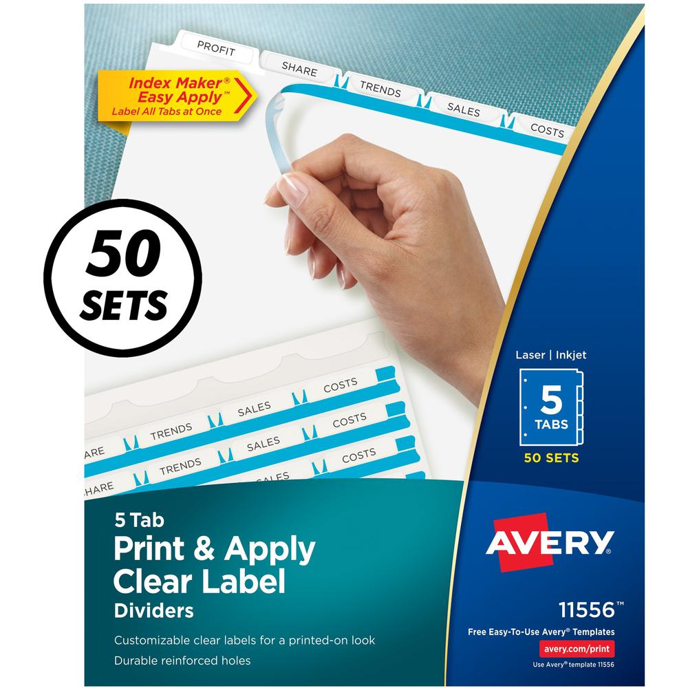 Avery&reg; Index Maker Index Divider - 250 x Divider(s) - Print-on Tab(s) - 5 - 5 Tab(s)/Set - 8.5" Divider Width x 11" Divider Length - 3 Hole Punched - White Paper Divider - White Paper Tab(s) - 50 . Picture 1