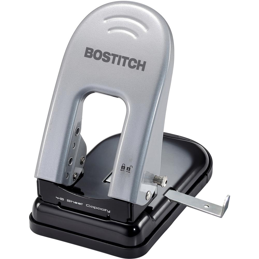 Bostitch EZ Squeeze&trade; 40 Two-Hole Punch - 2 Punch Head(s) - 40 Sheet - 9/32" Punch Size - 6.5" x 2.8" - Black, Silver. Picture 1