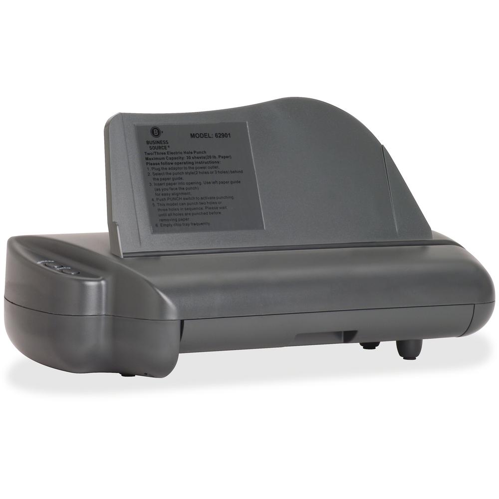 Business Source Electric Adjustable 3-hole Punch - 3 Punch Head(s) - 30 Sheet of 20lb Paper - 1/4" Punch Size - 17.8" Width x 5.3" Depth x 8.3" Height - Gray. Picture 1
