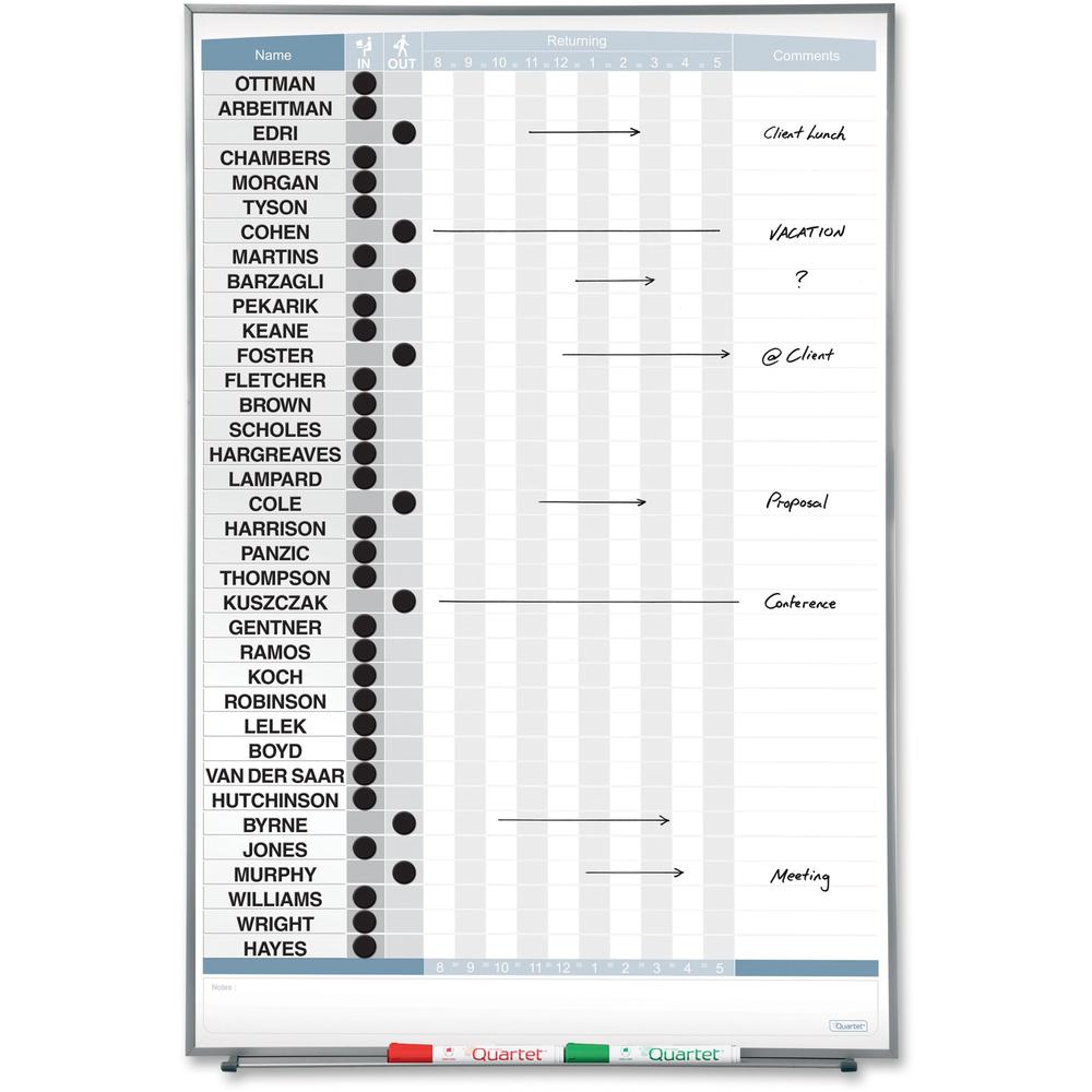 Quartet Matrix 36-employee In/Out Board - 34" Height x 23" Width - White Natural Cork Surface - Magnetic, Durable - Silver Frame - 1 Each. Picture 1
