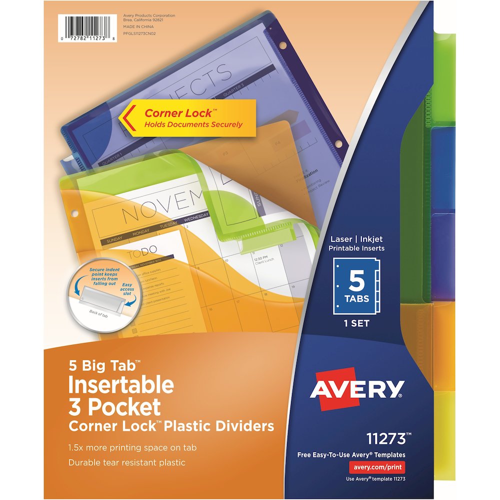Avery&reg; Big Tab Tab Divider - 5 x Divider(s) - 1/5 - 5 - 5 Tab(s)/Set - 9.3" Divider Width x 11.25" Divider Length - 3 Hole Punched - Multicolor Plastic Divider - Multicolor Plastic Tab(s)No - Inse. Picture 1